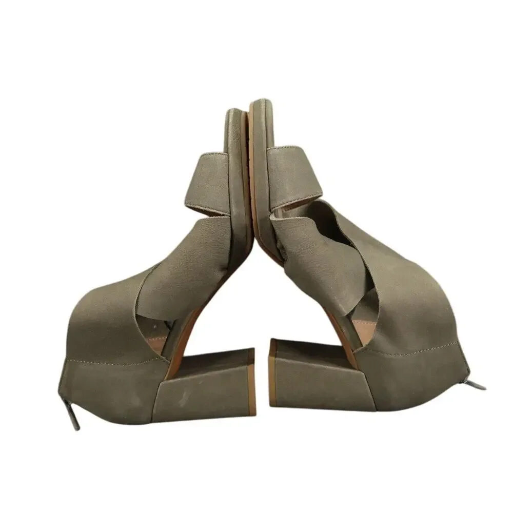 Eileen Fisher Shoes Womens 7.5 Sandal Block Heel Fashion Marla Leather Olive Zip